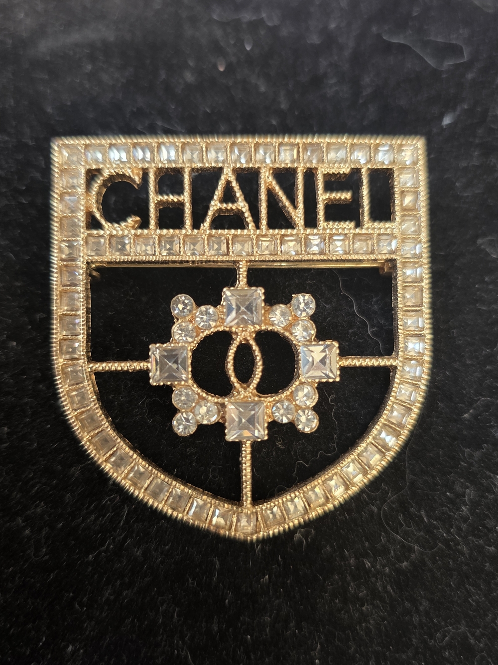 Chanel Gold and Black Crystal Shield Pin Brooch